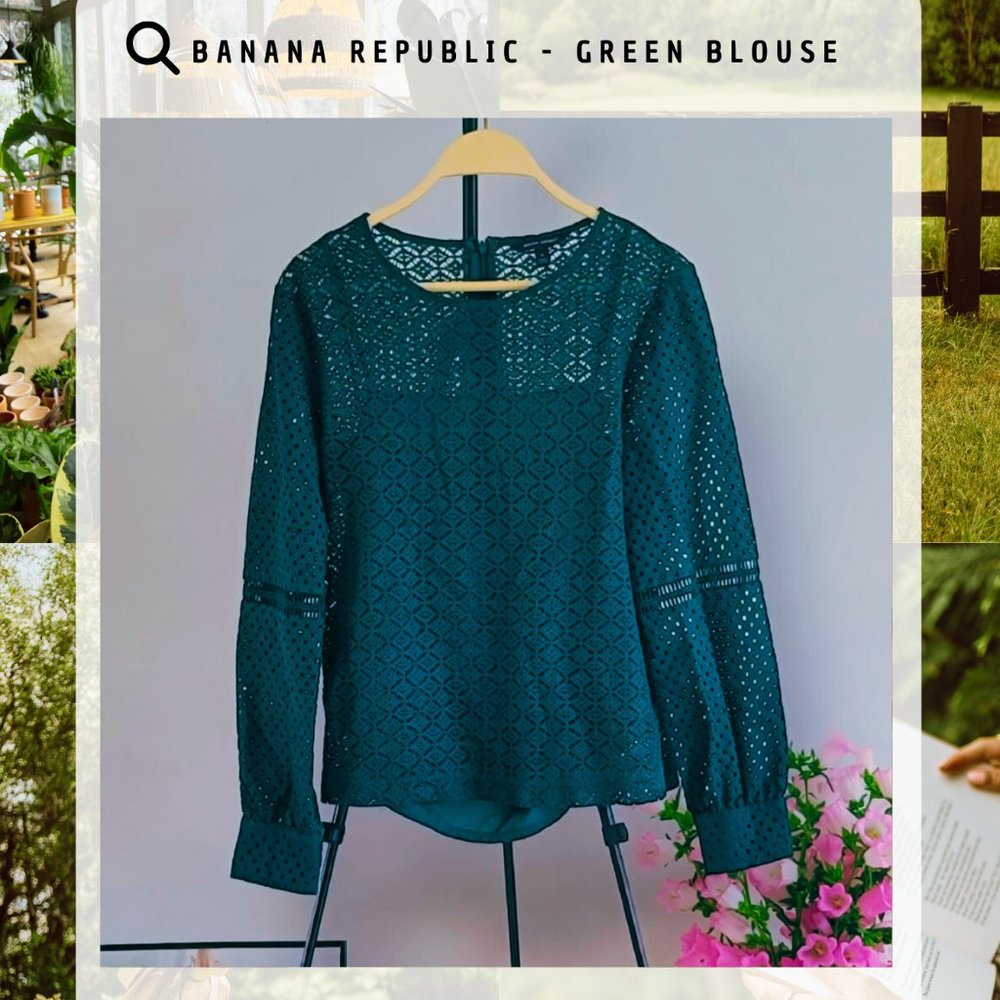 Banana Republic - emerald/dark green eyelet laser cut blouse with long sleeves